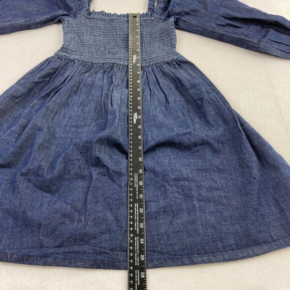 J.Crew Chambray Denim Smocked Puff-Sleeve Dress Women's XXS Blue Midi Casual NWT - Picture 10 of 13